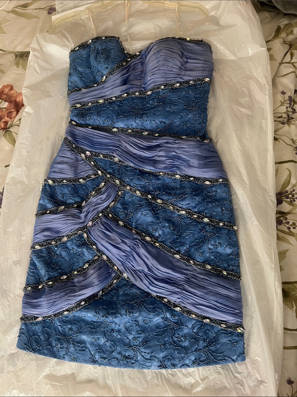 Mac Duggal Strapless Blue and Lavender Embellished Cocktail Dress